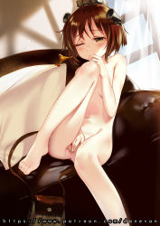 Rule 34 | 10s, 1girl, anus, ass, bad anatomy, bag, barefoot, breasts, brown eyes, brown hair, couch, covering privates, covering breasts, dan evan, dutch angle, feet, feet on chair, female masturbation, headgear, headset, highres, indoors, kantai collection, leaning to the side, masturbation, navel, nude, one eye closed, partially visible vulva, short hair, shoulder bag, sitting, small breasts, solo, speaking tube headset, thighs, toes, yukikaze (kancolle)