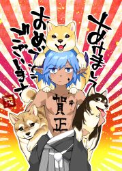 Rule 34 | 1boy, animal, animal on head, blue eyes, blue hair, body writing, chinese zodiac, closed mouth, dark-skinned male, dark skin, dog, dragon boy, dragon horns, gradient background, hakama, hakama pants, hitsuka no tsuki miko, holding, holding animal, horns, ink on face, japanese clothes, looking at viewer, male focus, on head, orange background, original, pants, paw print, pointy ears, purple horns, red background, shiba inu, short hair, slit pupils, solo, standing, translation request, upper body, year of the dog, yellow background