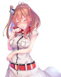Rule 34 | 10s, 1girl, anchor choker, bad id, bad twitter id, belt, belt buckle, blouse, blush, breast pocket, breasts, buckle, closed eyes, dress, hair between eyes, hand on own cheek, hand on own face, kantai collection, kurofude anna, large breasts, long hair, neckerchief, parted lips, pocket, ponytail, red belt, red hair, red neckerchief, saratoga (kancolle), shirt, short sleeves, side ponytail, simple background, solo, upper body, white background, white dress, white shirt