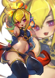Rule 34 | 1girl, :d, ahoge, arm behind back, asymmetrical clothes, asymmetrical hair, bare shoulders, blonde hair, blue dress, blue sleeves, blush, boots, breasts, clothing cutout, commentary request, cowboy shot, dress, dress tug, duel monster, fire, gold trim, green hair, groin, hair between eyes, highres, long hair, looking at viewer, midriff, multicolored hair, navel, open mouth, pelvic curtain, pink eyes, pointy ears, red shawl, sevens road witch, shawl, side cutout, side ponytail, side slit, sidelocks, small breasts, smile, thigh boots, thighhighs, two-tone hair, white background, yaibaken, yu-gi-oh!, yu-gi-oh! sevens, zoom layer