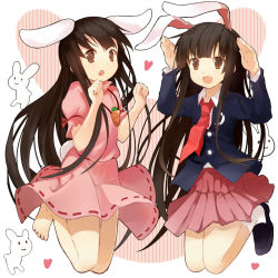 Rule 34 | 2girls, animal ears, barefoot, black hair, brown eyes, carrot necklace, cosplay, dress, dual persona, efe, heart, houraisan kaguya, inaba tewi, inaba tewi (cosplay), jacket, jewelry, jumping, long hair, long sleeves, multiple girls, necklace, necktie, open mouth, pendant, pink dress, pleated skirt, puffy short sleeves, puffy sleeves, rabbit, rabbit ears, rabbit girl, rabbit tail, red necktie, reisen udongein inaba, reisen udongein inaba (cosplay), revision, shirt, short sleeves, skirt, smile, tail, touhou, very long hair