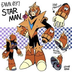 Rule 34 | 1boy, android, ariga hitoshi, arm cannon, armor, arrow (symbol), artist name, black bodysuit, black eyes, blue background, bodysuit, boots, character name, character sheet, checkered background, chest armor, commentary request, concept art, english text, flower, flower in mouth, from behind, full body, gloves, gradient background, hand on own hip, helmet, highres, industrial pipe, joints, knee boots, looking ahead, male focus, mega man (classic), mega man (series), mega man 5, mega man megamix, mouth hold, multiple views, no humans, one eye closed, orange armor, orange footwear, pink flower, pink rose, purple background, robot, robot ears, robot joints, rose, scanlines, screw, shoe soles, simple background, smile, standing, star (symbol), star man (mega man), turnaround, weapon, white background, white gloves