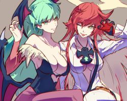 Rule 34 | 2girls, arc system works, bare shoulders, black leotard, breasts, capcom, cleavage, clothing cutout, demon girl, gloves, green eyes, green hair, guilty gear, guilty gear strive, head wings, heart cutout, jack-o&#039; valentine, large breasts, leotard, long hair, morrigan aensland, multiple girls, one eye closed, pantyhose, purple legwear, red hair, tongue, tongue out, vampire (game), wings