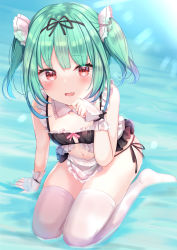 Rule 34 | 1girl, apron, arm support, bare arms, bikini, black bikini, black ribbon, blush, commentary request, detached collar, fang, frilled bikini, frills, from above, full body, green hair, hair ribbon, hand up, highres, hololive, looking at viewer, maid, maid bikini, navel, no shoes, open mouth, paw pose, red eyes, ribbon, short hair, side-tie bikini bottom, sitting, smile, solo, swimsuit, thighhighs, two side up, unconventional maid, uruha rushia, virtual youtuber, waist apron, water, white apron, white ribbon, white thighhighs, wrist cuffs, yuano