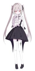 Rule 34 | 1girl, black dress, blush, dress, expressionless, frilled sleeves, frills, grey hair, long hair, looking at viewer, nitrio, original, red eyes, simple background, sketch, solo, thighhighs, twintails, very long hair, white background, white thighhighs, zettai ryouiki