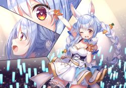 Rule 34 | 1girl, ;d, animal ear fluff, animal ears, arm up, blue hair, blush, bow, braid, breasts, bridal garter, carrot hair ornament, cleavage, commentary request, dress, food-themed hair ornament, gloves, glowstick, hair bow, hair ornament, highres, hololive, idol, kashiba aira, long hair, looking at viewer, looking away, medium breasts, multiple views, one eye closed, open mouth, rabbit-shaped pupils, rabbit ears, red eyes, short eyebrows, smile, standing, symbol-shaped pupils, thick eyebrows, twin braids, usada pekora, virtual youtuber, white bow, white dress, white gloves, white hair