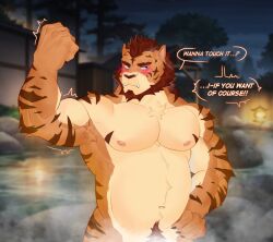 Rule 34 | 1boy, afterclass vn, animal ears, bara, belly, biceps, blue eyes, brown hair, cowboy shot, english text, flexing, furry, furry male, highres, large pectorals, lars (afterclasd vn), male focus, muscular, muscular male, navel, navel hair, nipples, nude, onsen, out-of-frame censoring, para (parasouleater), pectorals, short hair, shy, solo, standing, steam, stomach, thick eyebrows, tiger ears, trembling, tusks