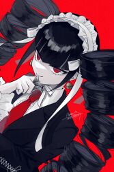 1girl black_hair black_jacket blunt_bangs celestia_ludenberg center_frills closed_mouth collared_shirt danganronpa:_trigger_happy_havoc danganronpa_(series) drill_hair earrings frills hand_up highres jacket jewelry long_sleeves necktie red_background red_necktie shirt simple_background smile solo tsukigata_shion twin_drills twintails