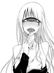 Rule 34 | 1girl, blush, clothes pull, cyclops, drooling, finger to mouth, greyscale, half-closed eye, long hair, looking at viewer, monochrome, one-eyed, open mouth, oral invitation, original, saliva, sangyou haikibutsu (turnamoonright), shirt, simple background, sketch, sleeveless, sleeveless shirt, solo, sweat, sweater, sweater pull, uneven eyes, upper body, white background