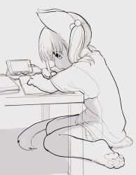 Rule 34 | 1girl, 3yo4yo5yo, animal ears, cat ears, cat tail, cellphone, charging, child, female focus, from side, furry, furry female, hair bobbles, hair ornament, highres, monochrome, original, pawpads, phone, profile, shirt, sitting, smartphone, solo, t-shirt, table, tail, twintails, wariza, writing
