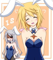 Rule 34 | 10s, 2girls, :d, ^ ^, ahoge, anger vein, animal ears, armpits, arms behind back, bare shoulders, blonde hair, blush, body blush, breasts, charlotte dunois, cleavage, closed eyes, copyright name, cowboy shot, detached collar, eyepatch, fake animal ears, fishnet pantyhose, fishnets, flat chest, framed, hair ribbon, hand on own hip, head tilt, infinite stratos, jewelry, kemonomimi mode, kuon (nokokopopo), laura bodewig, leotard, long hair, multiple girls, necklace, open mouth, orange background, pantyhose, pendant, playboy bunny, rabbit ears, ribbon, silver hair, smile, strapless, upper body, very long hair, wrist cuffs