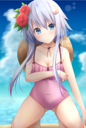 Rule 34 | 1girl, blue eyes, blush, breasts, cleavage, closed mouth, cloud, collarbone, crescent, crescent hair ornament, day, flower, hair between eyes, hair flower, hair ornament, hat, highres, kamijou sadame, kantai collection, long hair, medium breasts, ocean, purple hair, red flower, short hair with long locks, solo, sun hat, water, yayoi (kancolle)