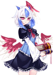 Rule 34 | 1girl, black dress, blue hair, blue horns, book, commentary, cowboy shot, dress, frilled dress, frilled sleeves, frills, head wings, highres, holding, holding book, horns, layered sleeves, long sleeves, multicolored hair, open mouth, raptor7, red eyes, short hair, short over long sleeves, short sleeves, simple background, single head wing, solo, symbol-only commentary, tokiko (touhou), touhou, two-tone hair, white background, white hair, wide sleeves, wings