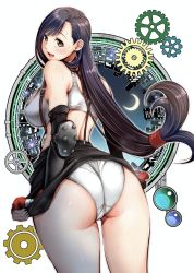 Rule 34 | 1girl, ass, bare shoulders, black hair, blush, breasts, brown eyes, cameltoe, embarrassed, final fantasy, final fantasy vii, fingerless gloves, from behind, gloves, highres, huge ass, itachou, large breasts, long hair, looking at viewer, looking back, open mouth, panties, pencil skirt, shiny skin, sideboob, skirt, smile, solo, sweat, underwear, very long hair