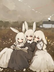 Rule 34 | 3girls, :o, absurdres, animal ears, animal feet, black bow, black dress, book, bow, bowtie, braid, bug, building, butterfly, chimney, closed mouth, commentary, dot mouth, dot nose, dress, floppy ears, grey hair, hair bow, hand on another&#039;s shoulder, highres, insect, long sleeves, multiple girls, open book, open mouth, original, outdoors, playing with own hair, rabbit ears, reading, red eyes, shirokujira, simple bird, sitting, tree, white dress, white hair, yellow butterfly