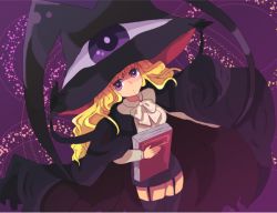 Rule 34 | 00s, 1girl, black skirt, blonde hair, book, bow, bowtie, breasts, cape, cheddar-mm, cropped legs, garter straps, hat, holding, holding book, large breasts, lilith (yamibou), long hair, looking at viewer, miniskirt, pencil skirt, purple background, purple hair, shirt, skirt, solo, thighhighs, white bow, white shirt, witch hat, yami to boushi to hon no tabibito, zettai ryouiki