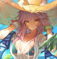 Rule 34 | 1girl, adjusting hair, animal ear fluff, animal ears, bikini, blue bikini, blue scarf, bracelet, breasts, cleavage, closed mouth, collarbone, day, ears through headwear, fang, fate/grand order, fate (series), fox ears, hat, highres, horizon, jewelry, large breasts, long hair, looking at viewer, ocean, orange eyes, outdoors, palm tree, pink hair, scarf, see-through, shirt, short sleeves, smile, sun hat, swimsuit, tamamo (fate), tamamo no mae (fate/extra), tamamo no mae (swimsuit lancer) (fate), tamamo no mae (swimsuit lancer) (second ascension) (fate), teko, tree, upper body, wet, wet clothes, wet shirt