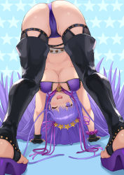 Rule 34 | 1girl, ass, bad id, bad pixiv id, bb (fate), bb (fate) (all), bb (swimsuit mooncancer) (fate), bb (swimsuit mooncancer) (second ascension) (fate), bent over, bikini, black gloves, blue background, blush, bracelet, breasts, cameltoe, cleavage, commentary request, fate/grand order, fate (series), gloves, high heels, jewelry, large breasts, long hair, looking through own legs, mokyumokyuchan, one eye closed, open mouth, partially visible vulva, purple bikini, purple eyes, purple hair, solo, star (symbol), starry background, studded gloves, studded legwear, swimsuit, thighhighs, tiara, very long hair