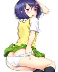 Rule 34 | 1girl, ass, bad anatomy, black socks, blush, butt crack, drooling, from behind, hair ornament, hairclip, hairu, heart, heart-shaped pupils, highres, kneehighs, looking back, open mouth, panties, panty pull, pink eyes, plaid, plaid skirt, pleated skirt, purple hair, resized, sairenji haruna, school uniform, short hair, simple background, skirt, socks, solo, sweater vest, symbol-shaped pupils, to love-ru, underwear, upscaled, white background, white panties