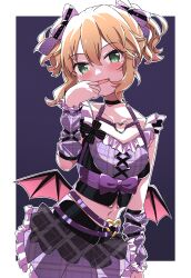 Rule 34 | 1girl, absurdres, black choker, blonde hair, blush, border, bow, checkered clothes, cheek pinching, choker, collarbone, commentary, cross-laced clothes, cross-laced top, demon wings, detached sleeves, fang, flat chest, frilled shirt, frills, green eyes, hair between eyes, hair bow, halloween, hand up, highres, idolmaster, idolmaster cinderella girls, idolmaster cinderella girls starlight stage, layered skirt, looking at viewer, low wings, medium hair, midriff, navel, official alternate costume, open mouth, pinching, purple background, purple bow, purple shirt, purple skirt, purple sleeves, sakurai momoka, shirt, sidelocks, skirt, smile, solo, twintails, wavy hair, white border, wings, yairo ju