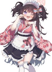 Rule 34 | 1girl, :d, apron, bell, black bow, black skirt, blue archive, blush, bow, bow legwear, brown hair, eip (pepai), feet out of frame, floral print, frilled apron, frilled skirt, frilled socks, frills, hair bell, hair bow, hair ornament, halo, heart, japanese clothes, kneehighs, legwear bell, long hair, maid, maid headdress, one eye closed, open mouth, paw pose, purple eyes, ribbon, shizuko (blue archive), simple background, skirt, smile, socks, solo, two side up, wa maid, waist apron, white apron, white background, wide sleeves