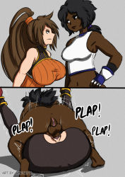 Rule 34 | 2girls, angry, anus, ass, black hair, breasts, brown eyes, brown hair, clothed female nude female, clothed sex, clothes, dark-skinned female, dark skin, dungeon and fighter, english text, female striker (dungeon and fighter), futa with female, futanari, huge breasts, instant loss, interracial, legs up, long hair, looking at viewer, mating press, medium breasts, multiple girls, nude, ponytail, pussy, sex, testicles, torn clothes, umeyiyo, vaginal
