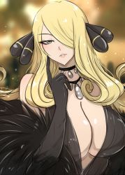 Rule 34 | 1girl, black dress, blonde hair, breasts, choker, cleavage, creatures (company), cynthia (pokemon), dress, elbow gloves, feather boa, finger to cheek, game freak, gloves, grey eyes, hair ornament, hair over one eye, highres, huge breasts, jewelry, long hair, necklace, nintendo, omiza somi, one eye covered, parted lips, plunging neckline, pokemon, pokemon dppt, solo, upper body, very long hair