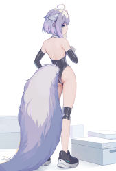 Rule 34 | 1girl, ahoge, animal ears, asicah, ass, backless leotard, black footwear, black gloves, black leotard, box, cardboard box, clothing cutout, collar, detached collar, elbow gloves, from behind, full body, gloves, hair ribbon, highres, knee pads, large tail, leotard, looking at viewer, looking back, original, purple eyes, purple hair, purple ribbon, ribbon, shoes, short hair, solo, tail, tail through clothes, thighs, white background, white collar
