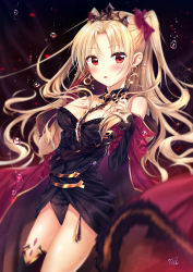 Rule 34 | 1girl, ainili, asymmetrical legwear, asymmetrical sleeves, between breasts, black dress, black thighhighs, blonde hair, blurry, blurry foreground, blush, bow, breasts, cape, commentary request, depth of field, dress, earrings, ereshkigal (fate), fate/grand order, fate (series), fingernails, hair bow, hands on own chest, highres, infinity symbol, jewelry, long hair, long sleeves, looking at viewer, medium breasts, parted bangs, parted lips, purple bow, purple cape, red eyes, signature, single sleeve, single thighhigh, skull, solo, spine, thighhighs, tiara, tohsaka rin, two side up, uneven legwear, uneven sleeves, very long hair