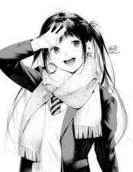 Rule 34 | 1girl, :d, absurdres, blush, commentary request, dated, greyscale, hand on own forehead, hand up, happy, highres, jacket, kamiyama aya, layered sleeves, long hair, long sleeves, looking at viewer, messy hair, monochrome, multicolored neckwear, necktie, open clothes, open jacket, open mouth, original, scarf, shirt, signature, smile, solo, striped necktie, striped neckwear, sweater vest, teeth, twintails, upper body, upper teeth only