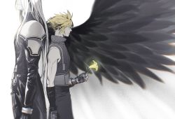 Rule 34 | 2boys, aqua eyes, armor, back-to-back, bare shoulders, belt, black gloves, black jacket, black wings, blonde hair, cloud strife, cowboy shot, feathered wings, final fantasy, final fantasy vii, final fantasy vii remake, flower, gloves, grey hair, grey pants, grey shirt, hair between eyes, head out of frame, high collar, highres, holding, holding flower, jacket, long bangs, long hair, long jacket, long sleeves, looking to the side, male focus, multiple belts, multiple boys, pants, parted bangs, sephiroth, shirt, short hair, shoulder armor, single wing, sleeveless, sleeveless turtleneck, spiked hair, spot color, suspenders, turtleneck, white background, wings, xianyu314, yellow flower