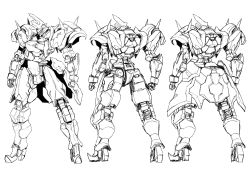 Rule 34 | absurdres, buster dress, caladbolg (buster dress), character sheet, clenched hand, greyscale, highres, mecha, monochrome, multiple views, no humans, official art, production art, robot, sadamatsu ryuuichi, science fiction, sketch, standing, visor, white background