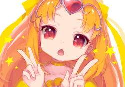 Rule 34 | 10s, 1girl, choker, cure muse, cure muse (yellow), double v, earrings, gradient eyes, hair ribbon, heart, jewelry, mitsugo (road after rain), multicolored eyes, open mouth, orange hair, precure, purple eyes, raised eyebrows, red eyes, ribbon, shirabe ako, simple background, sketch, solo, sparkle, star (symbol), suite precure, symbol in eye, tiara, upper body, v, white background