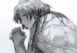 Rule 34 | 1boy, cloak, closed mouth, constantine xi (fate), curtained hair, earrings, fate/grand order, fate (series), from side, gloves, greyscale, highres, jewelry, long hair, looking ahead, male focus, monochrome, own hands clasped, own hands together, profile, qmiqun, serious, simple background, solo, upper body, white background