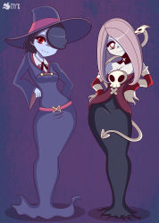 Rule 34 | 2girls, absurdres, blue skin, breasts, cleavage, colored skin, crossover, full body, hair over one eye, hat, highres, leviathan (skullgirls), little witch academia, multiple girls, pink hair, red hair, skullgirls, squigly (skullgirls), striped, striped sleeves, sucy manbavaran, witch hat, zombie