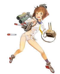 Rule 34 | 10s, 1girl, :o, ankle boots, armpits, bag, binoculars, blush, boots, brown eyes, brown hair, buttons, dress, fighting stance, flat chest, full body, handbag, highres, holding, kantai collection, long sleeves, looking at viewer, missile, navel, necktie, no bra, no pants, nogami takeshi, open mouth, orange eyes, panties, personification, sailor dress, school uniform, see-through, serafuku, shirt, short hair, simple background, skindentation, spread legs, standing, torn clothes, torn shirt, torpedo, turret, underwear, weapon, wet, wet clothes, white background, white panties, yukikaze (kancolle)