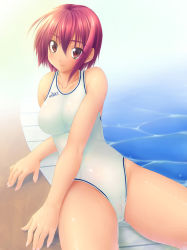 Rule 34 | 1girl, asics, brown eyes, cameltoe, collarbone, competition swimsuit, ishii akira, nail polish, one-piece swimsuit, pink nails, red eyes, red hair, see-through, short hair, solo, swimsuit, water, white one-piece swimsuit