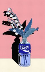 Rule 34 | artist name, bottle, choo, flower, highres, in bottle, in container, leaf, lily of the valley, no humans, original, partially immersed, plant, pocari sweat, shadow, white flower
