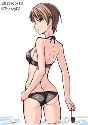 Rule 34 | 1girl, aegis (nerocc), ass, back, bare back, bikini, black bikini, breasts, brown eyes, brown hair, closed mouth, commentary, commentary request, cowboy shot, dated, expressionless, unworn eyewear, freckles, from behind, girls und panzer, half-closed eyes, halterneck, hand on own hip, holding, holding removed eyewear, legs apart, light frown, looking at viewer, looking back, lowleg, matching hair/eyes, medium breasts, naomi (girls und panzer), one-hour drawing challenge, short hair, sideboob, sideways glance, simple background, skindentation, solo, standing, sunglasses, swimsuit, thighs, tsurime, twitter username, v-shaped eyebrows, very short hair, wading, water, wet, white background