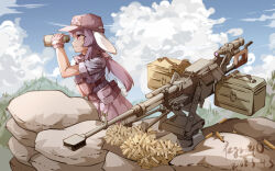 Rule 34 | 12.7x108mm, 1girl, absurdres, alternate costume, animal ears, anti-materiel cartridge, binoculars, blue sky, brown headwear, chinese commentary, cloud, commentary request, dated, from side, full-power cartridge, gun, heavy machine gun, highres, hmg cartridge, holding, holding binoculars, kord 6p50, kord macine gun, long hair, machine gun, outdoors, purple hair, pzgr.40, rabbit ears, rabbit girl, reisen udongein inaba, rifle cartridge, scope, signature, sky, solo, tactical clothes, touhou, weapon
