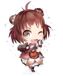 Rule 34 | 10s, 1girl, brown eyes, brown hair, double bun, gloves, highres, kantai collection, microphone, n:go, naka (kancolle), one eye closed, smile, turret, uniform, wink