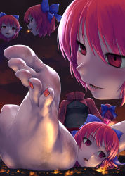 Rule 34 | 1girl, barefoot, blue bow, bow, commentary request, dirty, dirty feet, disembodied head, ebizome, feet, foot focus, giant, giantess, hair between eyes, hair bow, high collar, lips, nail polish, parted lips, red eyes, red hair, red nails, sekibanki, short hair, soles, solo, toenail polish, toenails, toes, touhou