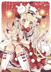 Rule 34 | 1girl, animal, animal ears, black bow, blush, bow, capelet, closed mouth, clothes between thighs, commentary request, dress, food, hair bow, hair ornament, hat, highres, hugging object, ice cream, kneehighs, knees together feet apart, knees up, light brown hair, long hair, original, pennant, rabbit, rabbit ears, red bow, red dress, red footwear, sakura oriko, shoes, sitting, smile, socks, solo, star (symbol), string of flags, stuffed animal, stuffed rabbit, stuffed toy, very long hair, white bow, white capelet, white hat, white socks, wrist bow