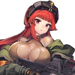 1girl blunt_bangs bodysuit bodysuit_under_clothes breasts covered_erect_nipples eyebrows_hidden_by_hair eyelashes female_focus game_cg gloves goggles goggles_on_head green_jacket gun head_tilt heavy_machine_gun high_collar holding holding_gun holding_weapon jacket large_breasts last_origin leprechaun_(last_origin) long_hair long_sleeves looking_at_viewer machine_gun mole mole_under_eye night-vision_device night_vision_device off_shoulder official_art open_mouth paintale purple_eyes red_hair shiny_clothes transparent_background upper_body weapon