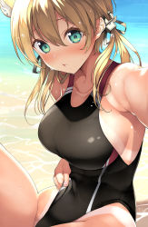 Rule 34 | 1girl, anchor hair ornament, animal ears, aqua eyes, black one-piece swimsuit, blonde hair, breasts, commentary request, competition swimsuit, fox ears, hair ornament, highres, inuzumi masaki, kantai collection, large breasts, long hair, looking at viewer, low twintails, one-piece swimsuit, one-piece tan, prinz eugen (kancolle), sitting, solo, swimsuit, tan, tanline, twintails