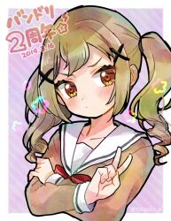 Rule 34 | 1girl, bang dream!, blush, border, brown eyes, brown hair, closed mouth, collarbone, crossed arms, dated, doradorakingyo, eyelashes, hair ornament, ichigaya arisa, long sleeves, looking at viewer, neckerchief, red neckerchief, sailor collar, school uniform, solo, star (symbol), symbol-shaped pupils, translation request, twintails, twitter username, v, white border, x hair ornament