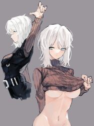 Rule 34 | 1girl, arm up, belt, black pants, black vest, blue eyes, breasts, clothes lift, faust (project moon), grey background, grey hair, highres, large breasts, limbus company, medium hair, multiple views, nude, pants, project moon, starhoshi, stomach, sweater, turtleneck, turtleneck sweater, underboob, vest