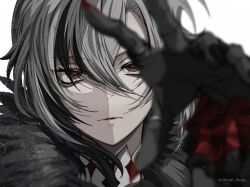 Rule 34 | 1girl, absurdres, arlecchino (genshin impact), black eyes, black nails, closed mouth, coat, feather-trimmed coat, fingernails, fingernails over gloves, genshin impact, grey hair, hair between eyes, hand up, highres, isumisumi, jewelry, long bangs, long fingernails, looking at viewer, multicolored hair, outstretched arm, red nails, red pupils, ring, sharp fingernails, solo, streaked hair, symbol-shaped pupils, twitter username, upper body, white background, white coat, x-shaped pupils