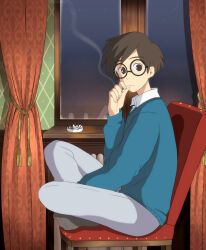 Rule 34 | 1boy, anime coloring, ashtray, between legs, black-framed eyewear, black socks, blue sweater, brown eyes, brown hair, chair, cigarette, closed mouth, collared shirt, commentary request, curtains, fingernails, full body, glasses, grey pants, hand between legs, hand up, horikoshi jirou, indian style, indoors, kaze tachinu, long sleeves, looking at viewer, male focus, night, no shoes, on chair, pants, round eyewear, scene reference, shirt, short hair, sitting, smoke, smoking, socks, solo, sweater, tassel, tottooo410 (romeo1207), turning head, white shirt, window
