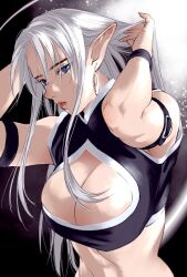 Rule 34 | 1girl, arm strap, arms up, black background, blue eyes, breasts, center opening, cleavage, earrings, fingernails, gr178rg, hands in hair, highres, jewelry, large breasts, long hair, looking at viewer, multicolored background, original, parted lips, pointy ears, sharp fingernails, sidelocks, sleeveless, solo, upper body, white hair